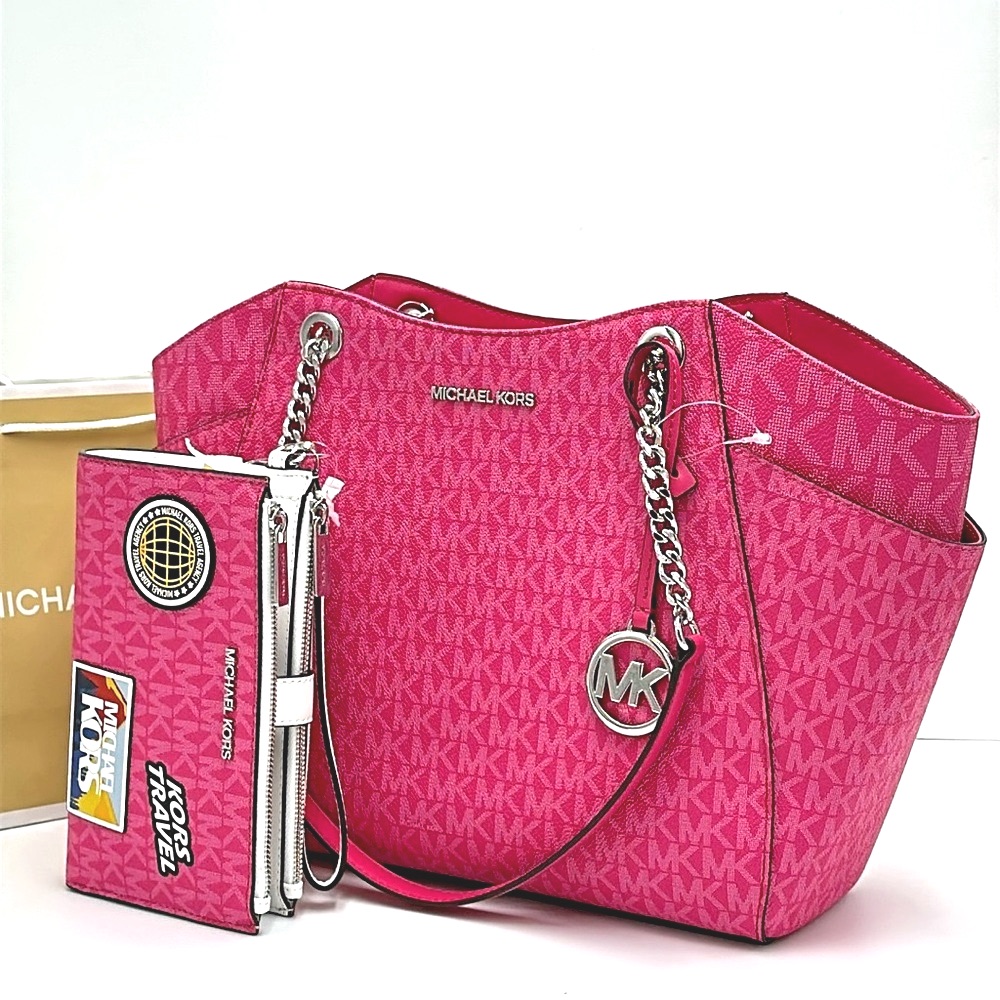 Michael Kors Lg Chain Shoulder Tote Bag Lg Signature Logo Wristlet Drag